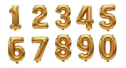 Metallic Golden foil balloon numbers set shiny reflections  Isolated On Transparent Background