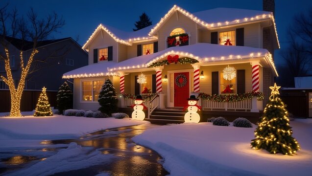 Festive house decorated with Christmas lights, snowmen, and trees on a snowy evening, celebrating holiday season outdoors, AI-Generated. - Powered by Adobe