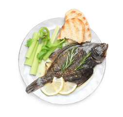 Tasty roasted flounder fish with rosemary, celery, lemon slices and toasted bread isolated on white, top view. Homemade seafood dish