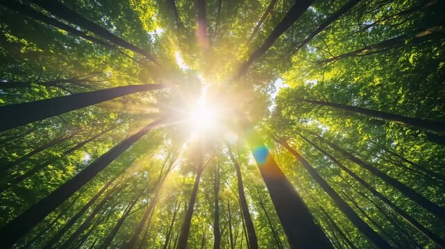 Looking Up Through Tall Green Trees with Sunlight Beaming Through the Canopy Creating a Serene Natural Forest Environment