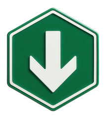 Hexagonal green exit sign with white text and a white arrow pointing down