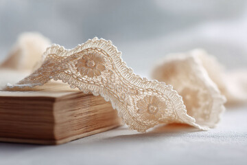 Delicate lace draped over an aged book evokes nostalgia, femininity, and beauty. Soft lighting and shallow depth of field create a romantic, dreamy, and timeless feel.