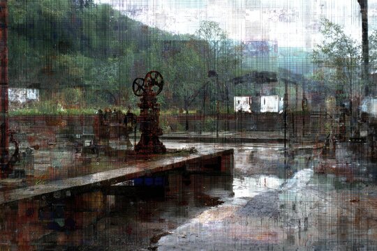 Rusty, damp industrial scene