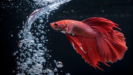 Seize the dynamic moment of a red Siamese fighting fish against a black backdrop 