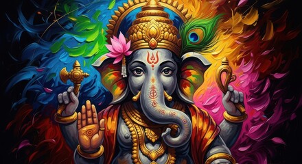 Vibrant Lord Ganesha adorned with peacock feather and colorful aura