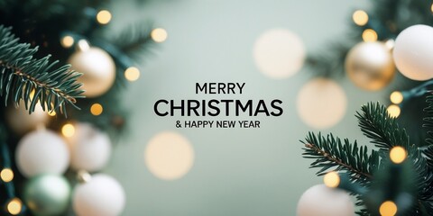 Obraz premium Elegant Christmas tree branches with ornaments and lights, Merry Christmas and Happy New Year greeting, AI-Generated.