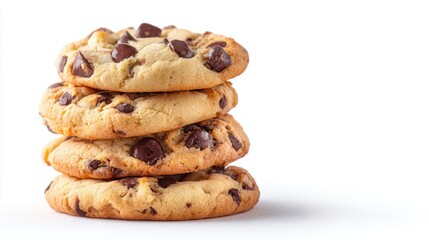 Stack of four chocolate chip cookies on white background close up studio shot dessert baked treat