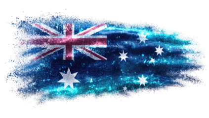 Abstract depiction of the Australian flag, stylized with splatter effect and shimmering particles