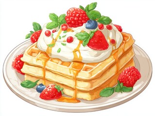 Delicious Waffles Stacked High with Whipped Cream Berries and Maple Syrup Cartoon Style Illustration