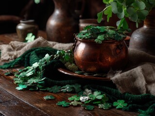 St Patrick's Day still life featuring copper pot overflowing with shamrocks on rustic wooden table top view