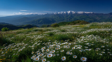 A large grassland with many white daisies blooming on the surface, overlooking mountains in a blue sky and clear weather. In front is an endless green meadow, which offers a wide view