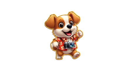 Happy puppy tourist with camera isolated on transparent background