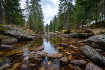 Low angle view of a forest stream with rocks and trees in the background in Sumava National Park Czech Republic
