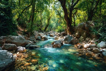 Naklejka premium Serene river flows through lush green forest landscape in summer nature scene with rocks and trees
