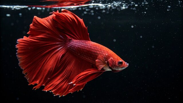 Seize the dynamic moment of a red Siamese fighting fish against a black backdrop 