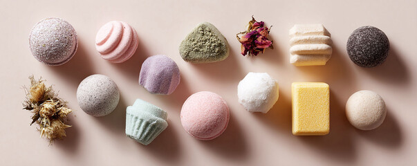 Elevated flat lay of colorful bath bombs botanical elements. Inviting tactile, evoking selfcare, relaxation, aromatherapy, and spa treatments. Perfect for beauty ads.