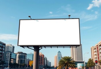 Blank billboard mockup, urban setting, clear sky,   horizon,  bright