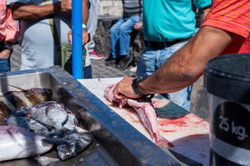 A man is cutting a fish on a cutting board. There are other people around him, some of them are looking at the fish