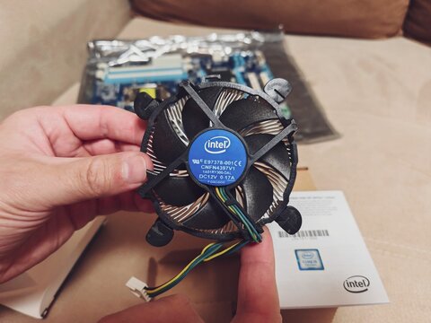 Belarus, Svetlogorsk, July 30, 2025. person holds a computer processor cooler. Aluminum heat sink fan. cooler from "intel", computer accessories