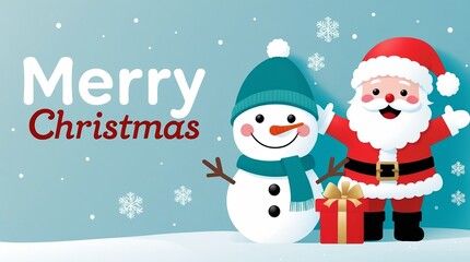 Merry Christmas Cartoon with Santa Claus, Snowman, Gift, Snowflakes, and Blue Winter Background, Fun Festive Illustration, AI-Generated
