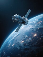 Fototapeta premium Satellite orbiting Earth from space station perspective showing planet surface and city lights in dark blue atmosphere