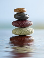 Stacked stones in water reflecting light zen balance and harmony concept close up studio shot mindfulness and meditation
