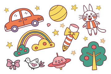 Cute cartoon animal icons set with fun colorful toys and designs for children and babies in a playful summer style