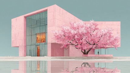 Pink concrete building with cherry blossom tree