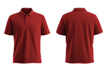 Front and back views of a maroon polo shirt.  Detailed illustration of a plain,  short-sleeved polo shirt, showing the collar and button placket