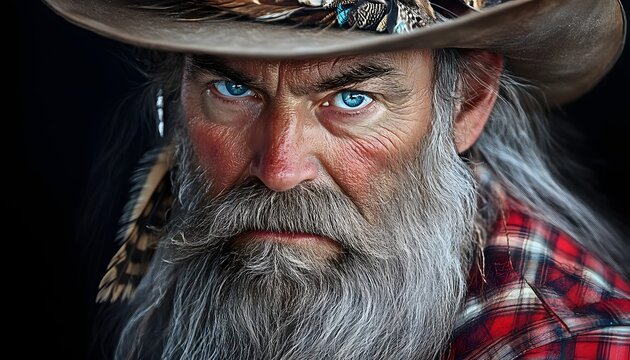 A man with a cowboy hat and a beard. He has blue eyes. He is wearing a plaid shirt