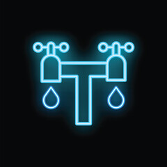 Glowing blue neon icon of a water tap leaking water drops on a black background