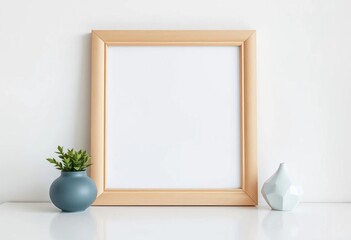 Elegant beige wooden frame mockup on white table, soft light background,  clean,  background