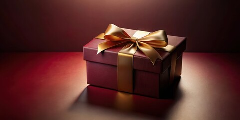 A maroon gift box adorned with a golden ribbon, elegantly presented on a matching surface, reflecting a soft light