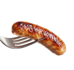 Close-up of a single cooked sausage on a fork