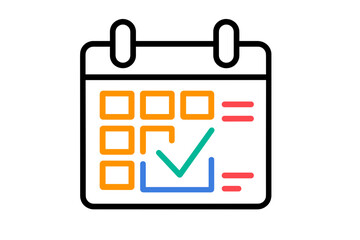 Calendar icon with checkmark and highlighted date in colors task calendar board
