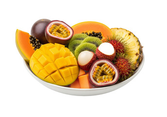 A vibrant bowl overflowing with exotic tropical fruits, including mango, papaya, and passionfruit