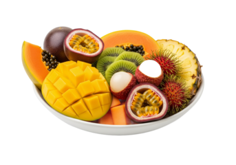 A vibrant bowl overflowing with exotic tropical fruits, including mango, papaya, and passionfruit