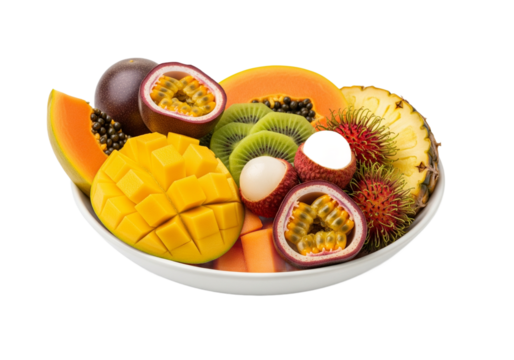 A vibrant bowl overflowing with exotic tropical fruits, including mango, papaya, and passionfruit