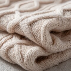 Close up of folded cream colored knitted wool blanket shows texture and pattern in a soft inviting way studio shot