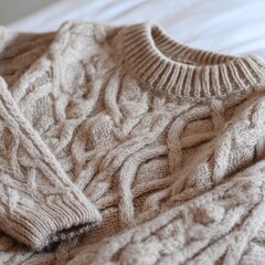 Close up of beige cable knit sweater on white bedding soft cozy texture detail fashion style