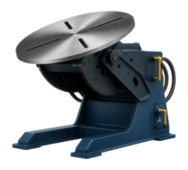 Heavy-duty welding positioner with a large circular platform and hydraulic tilt adjustment for shipbuilding.