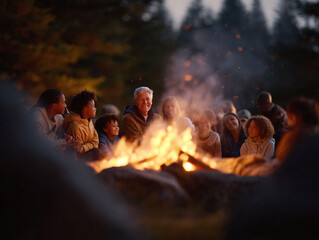 A diverse group gathers around a blazing campfire under twilight. Captures warmth, unity,  storytelling. Ideal for themes of togetherness, memories,  outdoors.