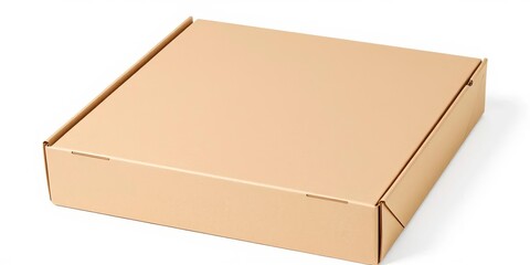 A plain cardboard pizza box sits on a white background,  square,  business