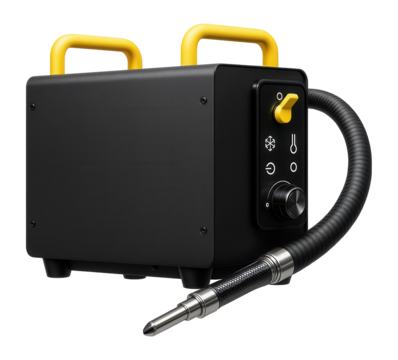 Dry ice blasting machine with an insulated hose for removing burrs from plastic components in a consumer electronics factory