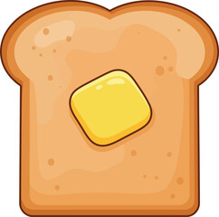 A single slice of golden brown toasted bread with a square of melting butter on top isolated on a white background