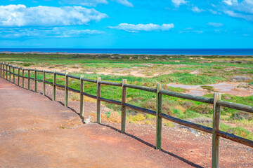 Fototapeta premium Wooden fence runs along a coastal path overlooking green fields and blue ocean under a partly cloudy sky. Scene captures natural beauty and tranquility of Canary Islands shoreline