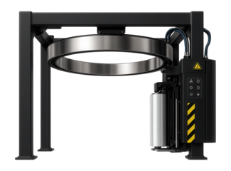 Overhead rotary ring stretch wrapper with a high-speed film application system for a large-scale logistics hub.