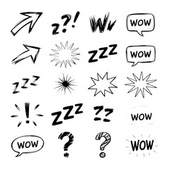 Comic style speech bubbles arrows and punctuation marks exclamation mark question mark