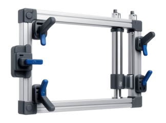 Pneumatic panel press with quick-release clamps and a lightweight aluminum frame for a small-scale sign-making shop