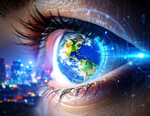A futuristic eye with a digital globe